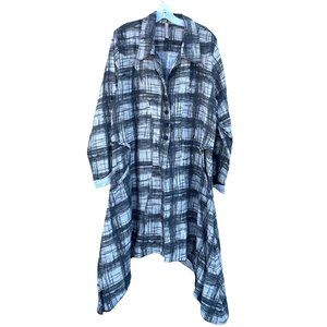 Cynthia Ashby Women's L Large gray plaid Linen longsleeve button up dress